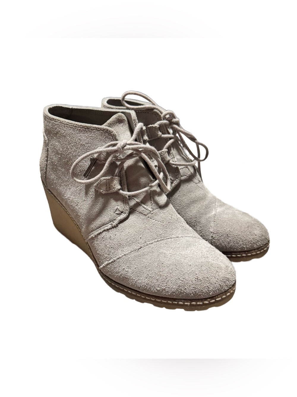 TOMS Kala Wedge Booties Women's 7 Grey Suede Lace Up Heeled Business Casual